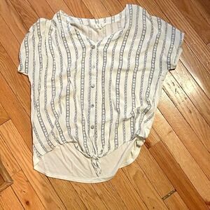 Ember Womens Medium Ivory Boho Striped Button Up Tie Front Short Sleeve T22-15